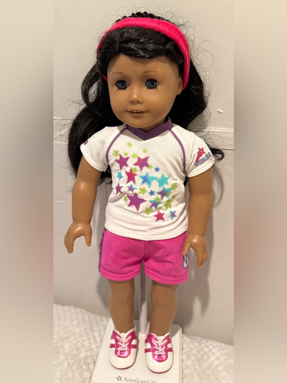 Authentic AmericanGirl Truly Me STARS Cheer Gymnastics Outfit Shoes Headband Lot